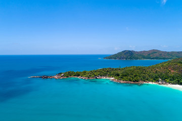 Aerial view of beautiful island at Seychelles in the Indian Ocean. Top view from drone