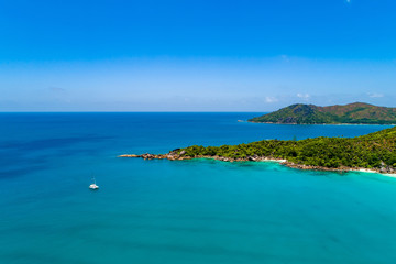 Fototapeta na wymiar Aerial view of beautiful island at Seychelles in the Indian Ocean. Top view from drone