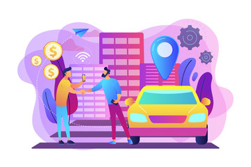 Businessman with smartphone rents a car in the street via carsharing service. Carsharing service, short periods rent, best taxi alternative concept. Bright vibrant violet vector isolated illustration
