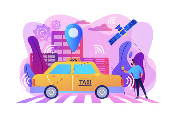 Businessman with smartphone taking driverless taxi with sensors and location pin. Autonomous taxi, self-driving taxi, on-demand car service concept. Bright vibrant violet vector isolated illustration