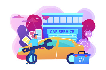 Auto tuner with wrench and toolbox doing vehicle modification at car service. Car tuning, car body shop, vehicle music upgrade concept. Bright vibrant violet vector isolated illustration