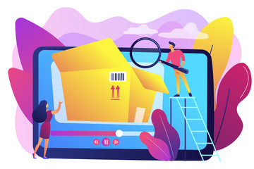 Bloggers with magnifier looking inside the box with new purchase video. Unboxing video, product review video, shopping device content concept. Bright vibrant violet vector isolated illustration