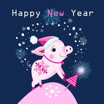 Greeting Christmas card with a funny pig and a Christmas tree