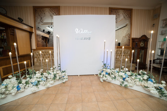 beautifully decorated fotozone for a wedding celebration in a restaurant