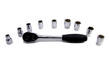 Set of socket metal wrench with black handle over white isolated background, different foreshortenings