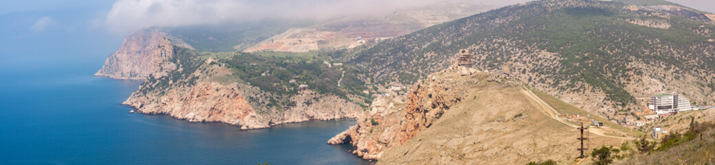 View of the old Genoas fortress Chembalo, Black sea and Balaklava Bay, Crimea, Russia.