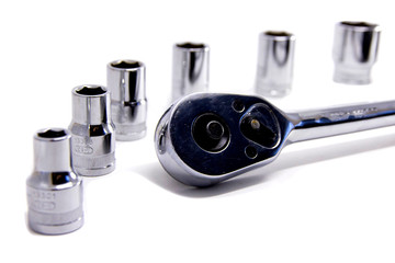 Set of socket metal wrench with black handle over white isolated background, different foreshortenings