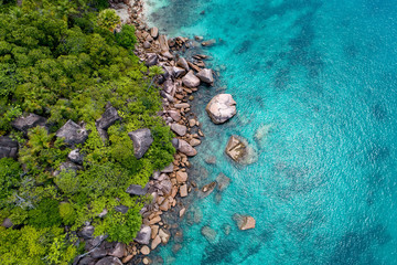 Aerial view of beautiful island at Seychelles in the Indian Ocean. Top view from drone