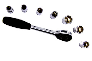 Set of socket metal wrench with black handle over white isolated background, different foreshortenings
