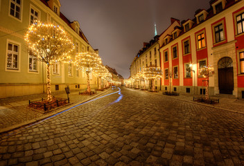 Fototapeta na wymiar Night view of Ostrow Tumski in the Christmas version.Wroclaw,Poland.