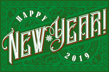 Happy 2019 New Year. Holiday Vector Illustration With Lettering Composition. Vintage festive label