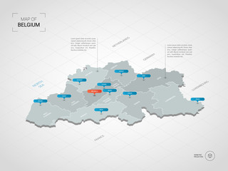Isometric 3D Belgium map. Stylized vector map illustration with cities, borders, capital, administrative divisions and pointer marks; gradient background with grid. 