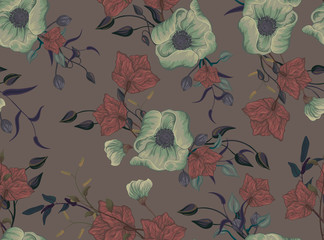 Beautiful seamless pattern. Dark warm colors: pink, gray, blue, brown, powdery. Various small flowers, foliage, twigs, berries in a bouquet.