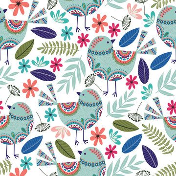 Floral pattern with birds, flowers and leaves on dark background