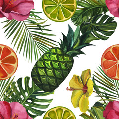 Watercolor pattern with tropical palm leaves, bananas, pineapples, flowers. Seamless pattern
