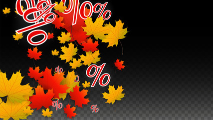 Vector Percentage Sign and Autumn Leaves Confetti on Transparent Background. Percent Sale Background. Business, Economics, Finance Print. Discount Illustration. Promotion poster. Black Friday Banner. 