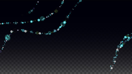 Christmas  Vector Background with Blue Falling Snowflakes Isolated on Transparent Background. Realistic Snow Sparkle Pattern. Snowfall Overlay Print. Winter Sky. Design for Party Invitation.