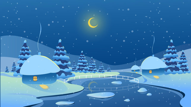 Winter landscape with Christmas trees, a river with ice and a white bridge. Christmas forest. Moon. Cartoon illustration. Vector image.