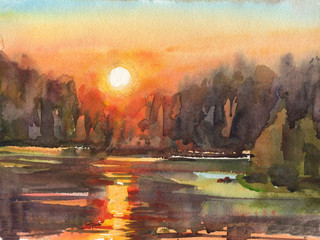 bright summer sunset river lake orange forest illustration