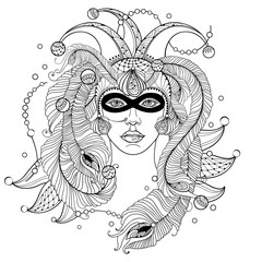 Vector girl face in outline clown cap, mask, peacock feathers, ornate collar and beads in black isolated on white background. Design for masquerade, Mardi Gras party and coloring book in contour.