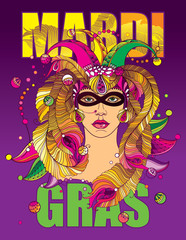 Vector placard with woman face in outline clown cap, mask, golden peacock feathers, ornate collar and colorful beads on the violet background. Mardi Gras party or carnival design in contour style.