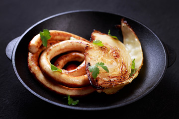 grill restaurant menu, josper, meat and garnishing. grilled sausages and cabbage, delicious food