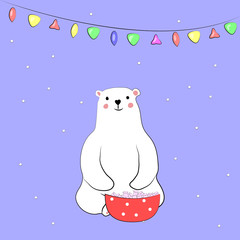 postcard cute polar bear sitting with a plate of marshmallow