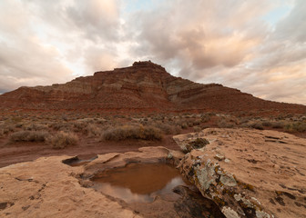 Early morning light makes the clouds glow softly after a winter rain has left a pool of water on top of a lichen covered boulder below Gooseberry mesa in Southern Utah.
