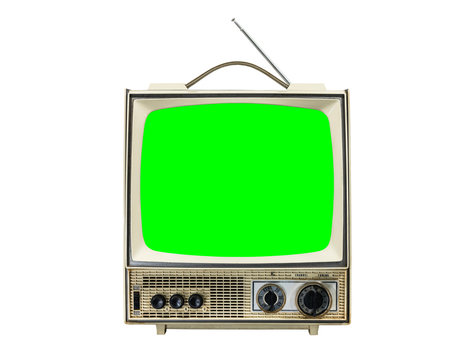 Grungy vintage portable television isolated on white with chroma green screen.