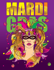 Vector placard with beauty girl face in outline clown cap, mask, gold peacock feather, ornate collar and colorful beads on the violet background. Mardi Gras party or carnival design in contour style.