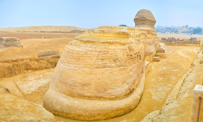 The limestone body of Sphinx in Giza, Egypt