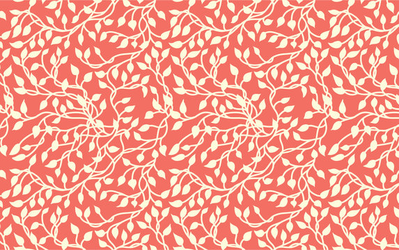 Pretty ivy vines in white on coral pink background in a hand drawn nature pattern design. Romantic wallpaper material with climbing leaves in a garden print illustration.