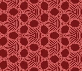Seamless hexagonal pattern from red geometrical abstract ornaments on a dark background. Vector illustration can be used for textiles, wallpaper and wrapping paper