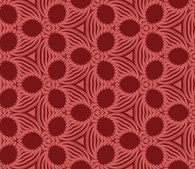 Seamless hexagonal pattern from red geometrical abstract ornaments on a dark background. Vector illustration can be used for textiles, wallpaper and wrapping paper