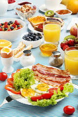 Fresh and tasty breakfast on kitchen table