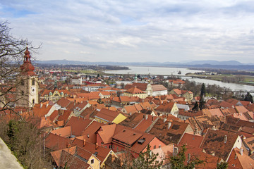 Fototapeta na wymiar A view of the center of Ptuj city, church and old town of Ptuj, Slovenia