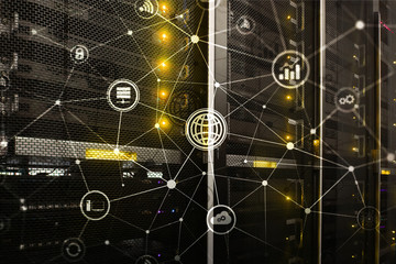 ICT - information and telecommunication technology and IOT - internet of things concepts. Diagrams with icons on server room backgrounds.