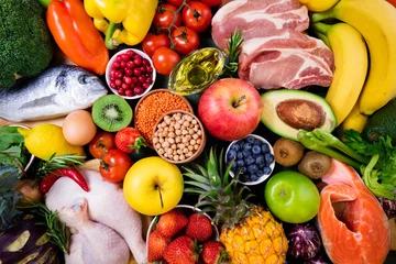 Papier Peint photo Manger Background healthy food. Fresh fruits, vegetables, meat and fish on table. Healthy food, diet and healthy life concept. Top view