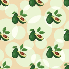 Seamless overlapping patterns with avocado fruits and circles. Separated beige background. Swatches are included in EPS file.