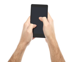 Mobile phone smartphone in hand on a white background. Isolation