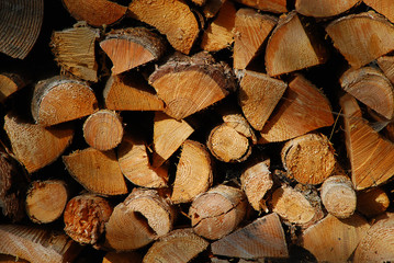 Wooden natural cut logs textured background, top view, flat lay
