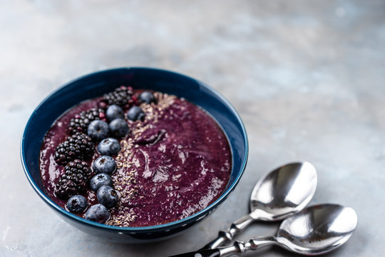 Plate With Colorful Acai Smoothie Seeing From Above