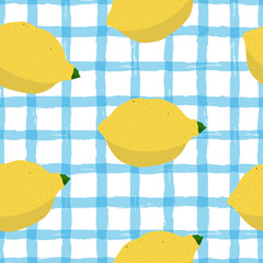 Seamless lemon pattern on blue cage background. Hand drawn citrus illustration with fruits. Template for print, design, poster, party, summer background, vintage textile. Vector.
