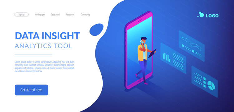 Business analyst coming out of huge smartphone and using gadgets with analysis data. Data insight and interactive data, internet of things concept. Isometric 3D website app landing web page template