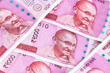 Close up view of brand new indian 2000 rupees banknotes.