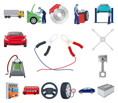 Car, lift, pump and other equipment cartoon icons in set collection for design. Car maintenance station vector symbol stock illustration web.