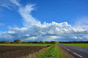 Fototapeta na wymiar Two-lane asphalt country road, leaving beyond the horizon. Landscape with view of non urban driveway, green ..field, trees and blue sky with white clouds. Autumn landscape on a sunny clear day.