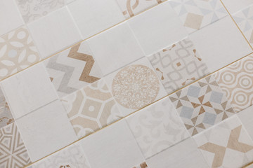 Patchwork ceramic tile pattern bathroom wall design