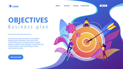 Businessmen working and woman at big target with arrow. Goals and objectives, business grow and plan, goal setting concept on white background. Website vibrant violet landing web page template.