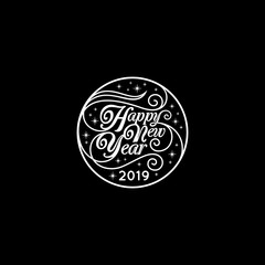 Decorative Happy New Year 2019 lettering - monogram circle emblem - luxury greeting vector